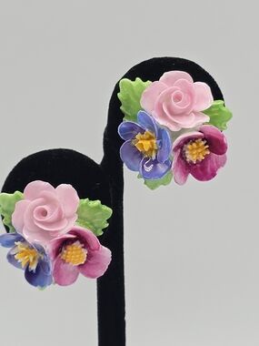 VTG Denton England Bone China Floral Screw Back Earrings Hand Painted Bouquet 1"